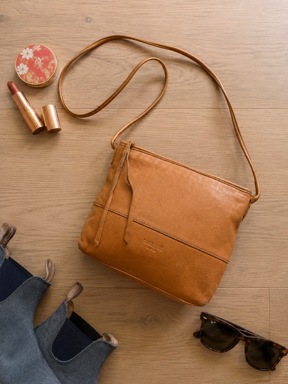 Margot New York Genuine Leather Cognac Crossbody Purse Minimalist Quiet Luxury